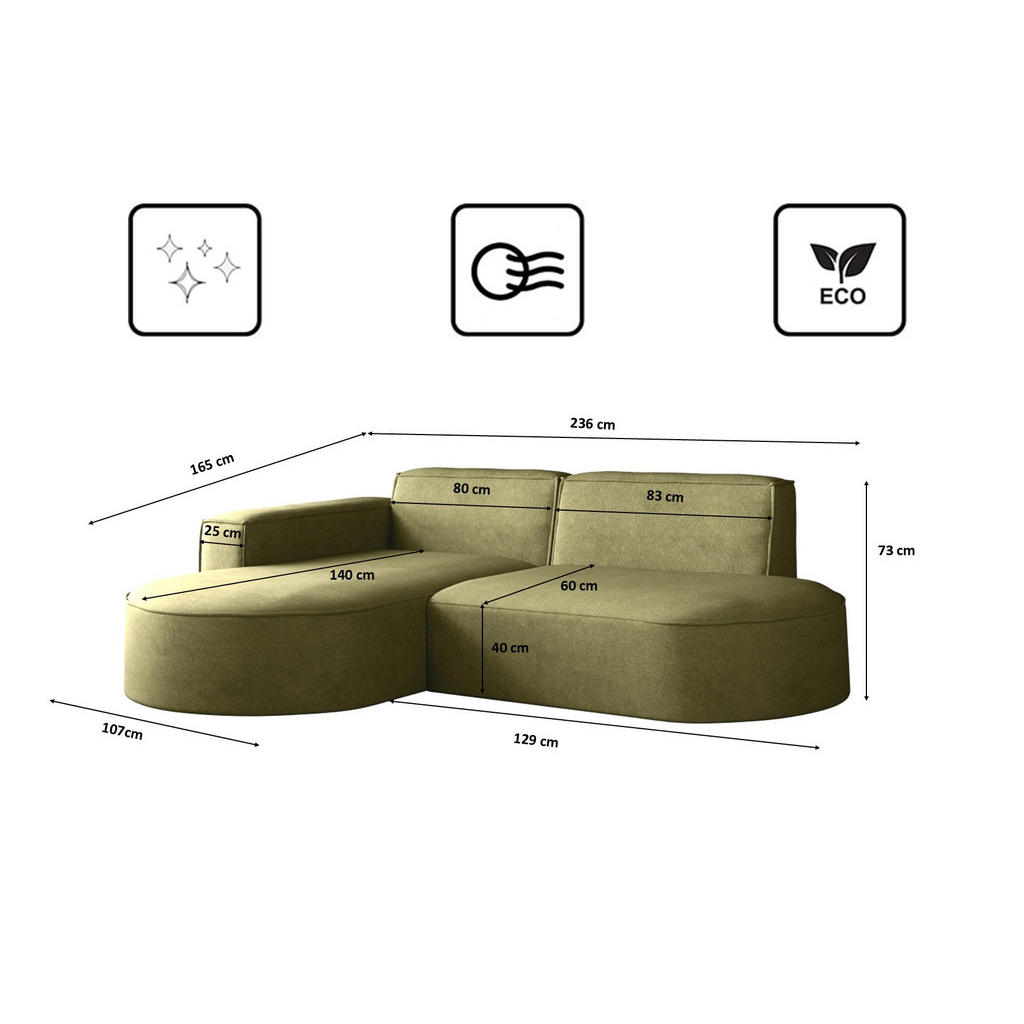 Thumbnail - Kaiser Möbel Ecksofa, Olivgrün, Textil, 3-Sitzer, Füllung: Komfortschaum, L-Form,L-Form, 236x165 cm, Wohnzimmer, Sofas &...