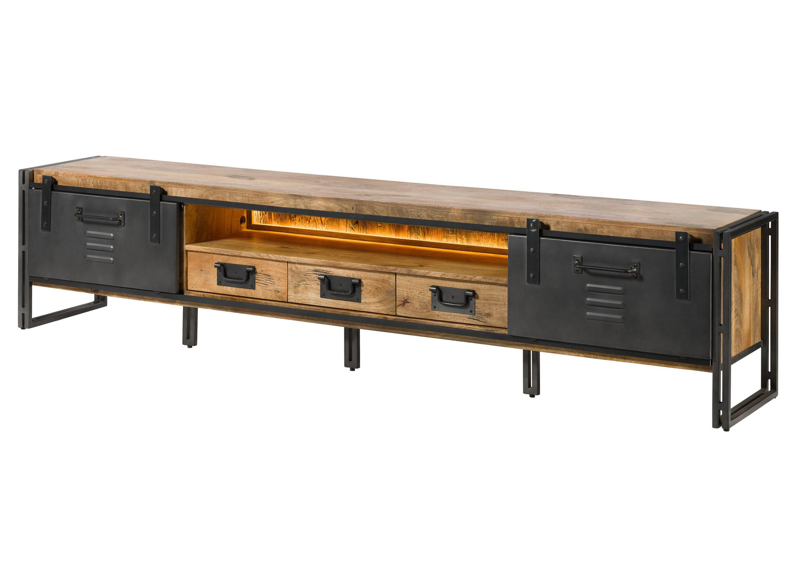 TV-BOARD Mango / Altholz 260x45x55 natur / grau lackiert / Metall grau BLACKBURN LUX #554 - Naturfarben, Holz (260/55/45cm) - Massivmoebel24
