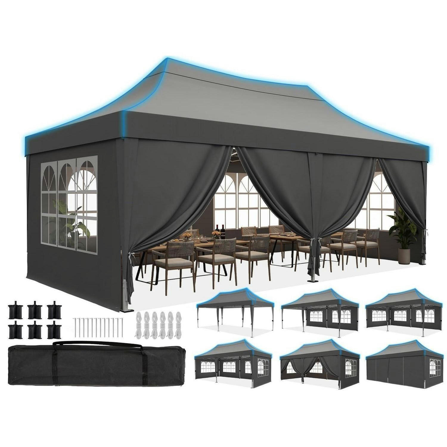 FALTPAVILLON 3x6m wasserdicht mit Seitenwänden und UV-Schutz - Grau, Textil (585/310/293cm)