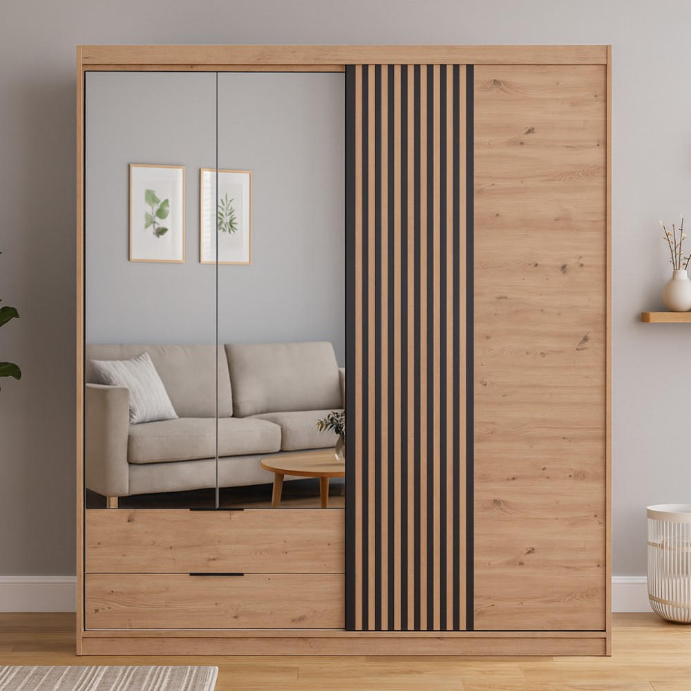 Thumbnail - Beautysofa Drehtürenschrank, Eiche Artisan, Holzwerkstoff, 2 Schubladen, 203x213x60 cm, Schlafzimmer, Kleiderschränke, D...