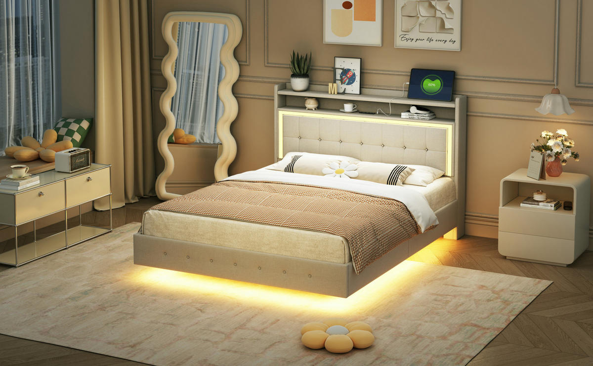 POLSTERBETT 140/200 cm Beige aus Stoff mit USB-Steckdose und LED-Beleuchtung - Beige, Textil (140/200cm) - OKMYHOME