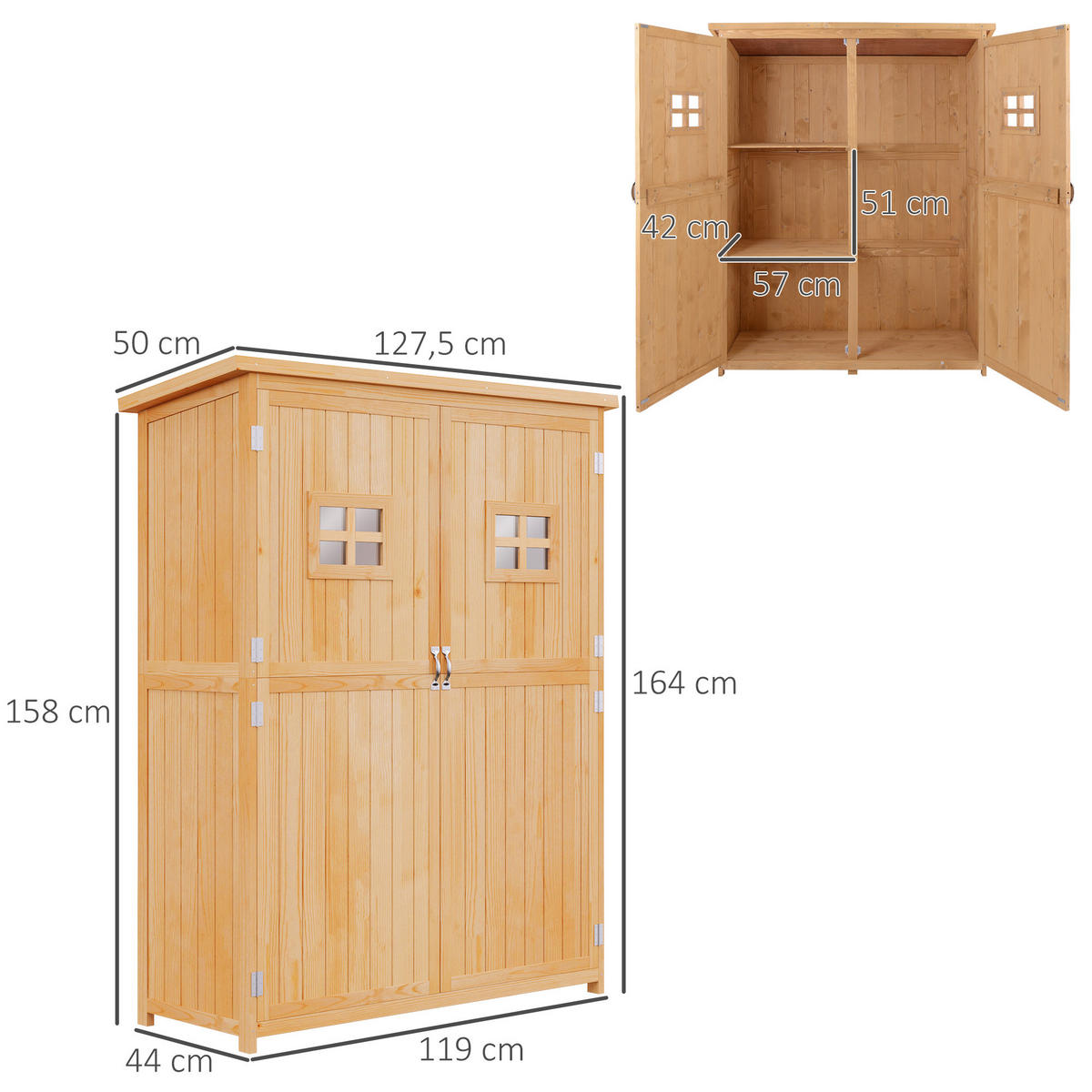 GERÄTESCHUPPEN DE-17564 2 Türen, 2 Fenster mit Bitumendach Naturholz - Naturfarben, Holz (127.5/164/50cm) - ComfortXL