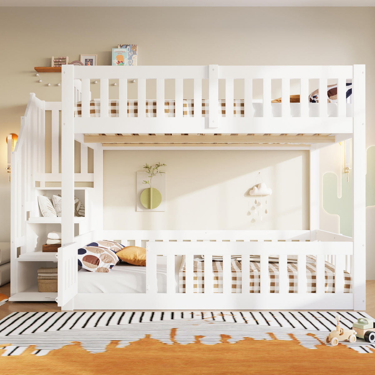 ETAGENBETT aus Kiefernholz und MDF 140x200 cm Weiß mit Stauraumtreppe - Weiß, Holzwerkstoff (140/200cm) - Modfu