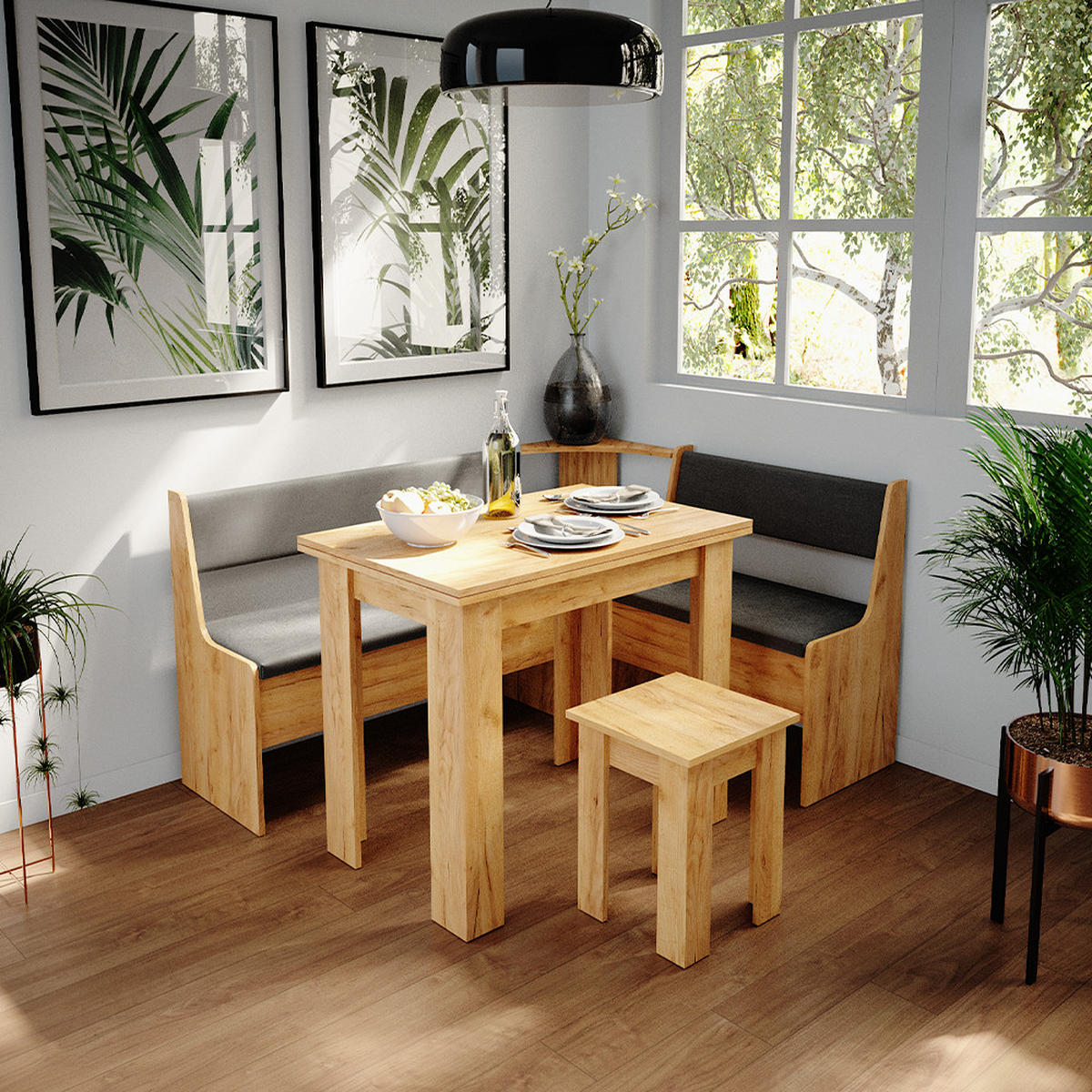 ECKBANKGRUPPE Roman Goldkraft Eiche 150 x 41.5 cm mit Tisch - Anthrazit/Eiche Wotan, Holzwerkstoff (150/80/120cm) - Vicco
