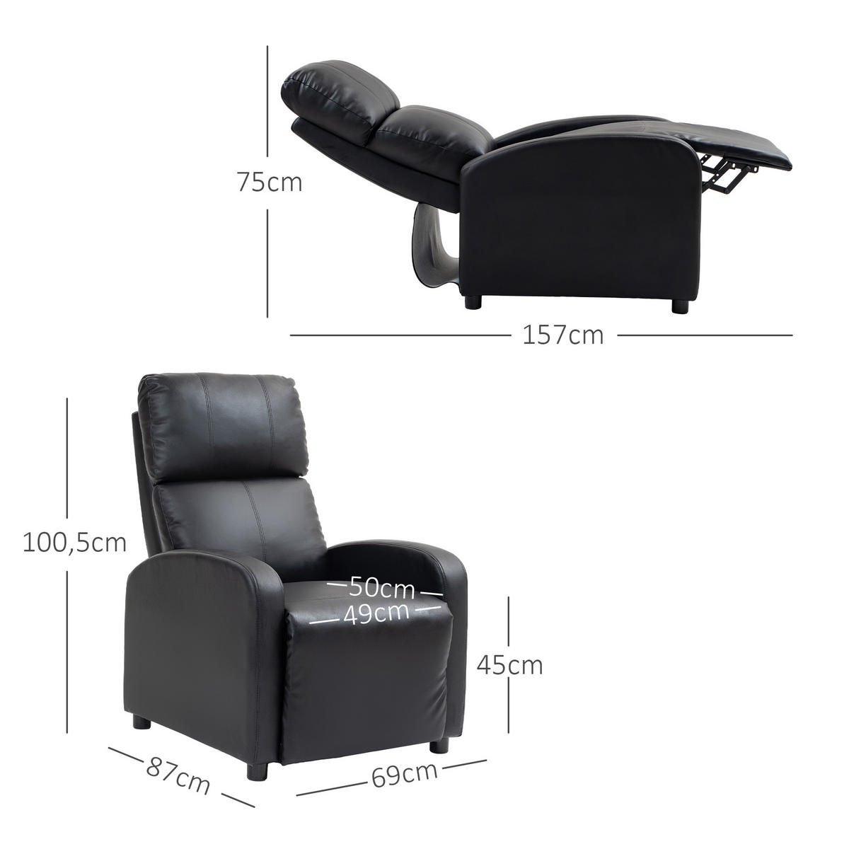 RELAXSESSEL Ruhesessel Sessel Fernsehsessel mit Liegefunktion Kunstleder 2 Farbe - Schwarz, Kunststoff (89.5/104.5/69.5cm) - HOMCOM