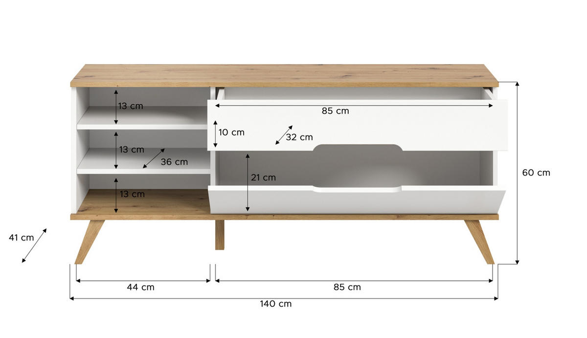 TV-LOWBOARD weiß, Eiche 140 cm, TV-Unterteil mit Soft-Close-Funktion - Eichefarben/Weiß, Holzwerkstoff/Metall (140/60/40cm) - Inn.Furn