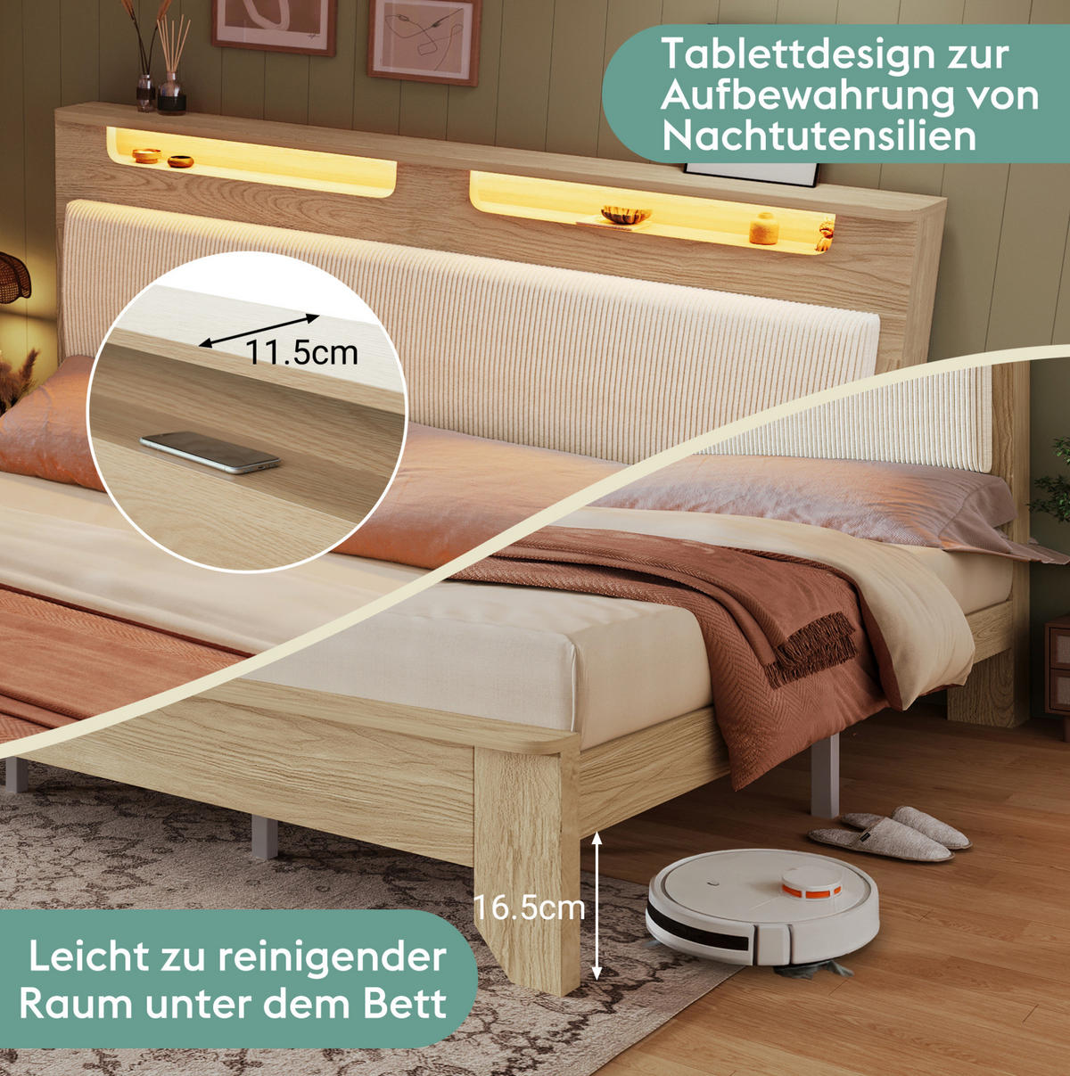 POLSTERBETT 140/200 cm in Eichefarben mit Polsterbettbank, LED-Beleuchtung und Cordbezug - Beige, Textil (140/200cm) - Flora Grace