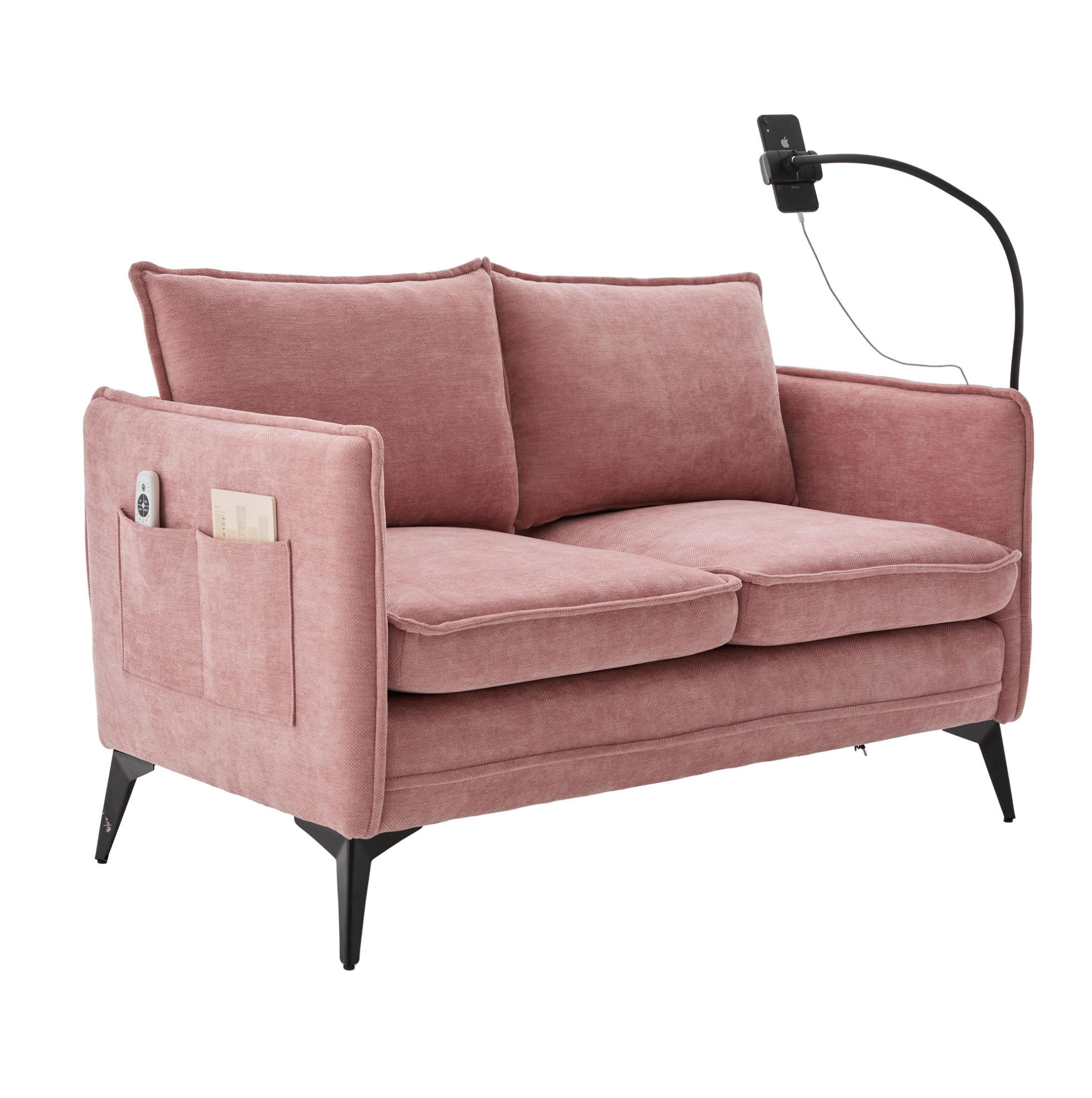 2-SITZER Sofa Chenille mit Handyhalter und Seitentaschen 127/69/66 cm Rosa - Rosa, Textil (66/127/69cm) - Redom