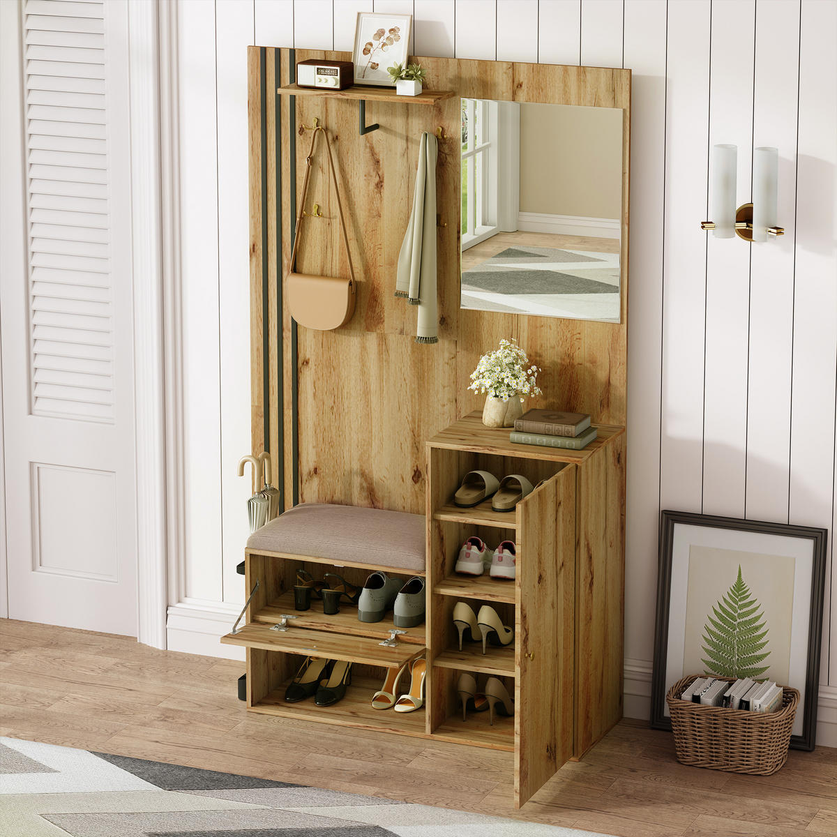 SCHUHSCHRANK aus MDF 115x37x185cm in Natural mit Spiegel & Sitzpolster - Naturfarben, Holzwerkstoff (115/185/37cm) - Modfu