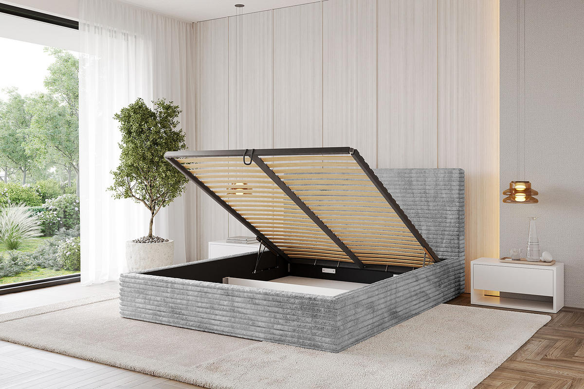 POLSTERBETT mit Bettkasten und Lattenrost, Bett mit Matratze H3/H4 - ALOVA - Hellgrau, Holzwerkstoff/Textil (120/200cm) - ALTDECOR