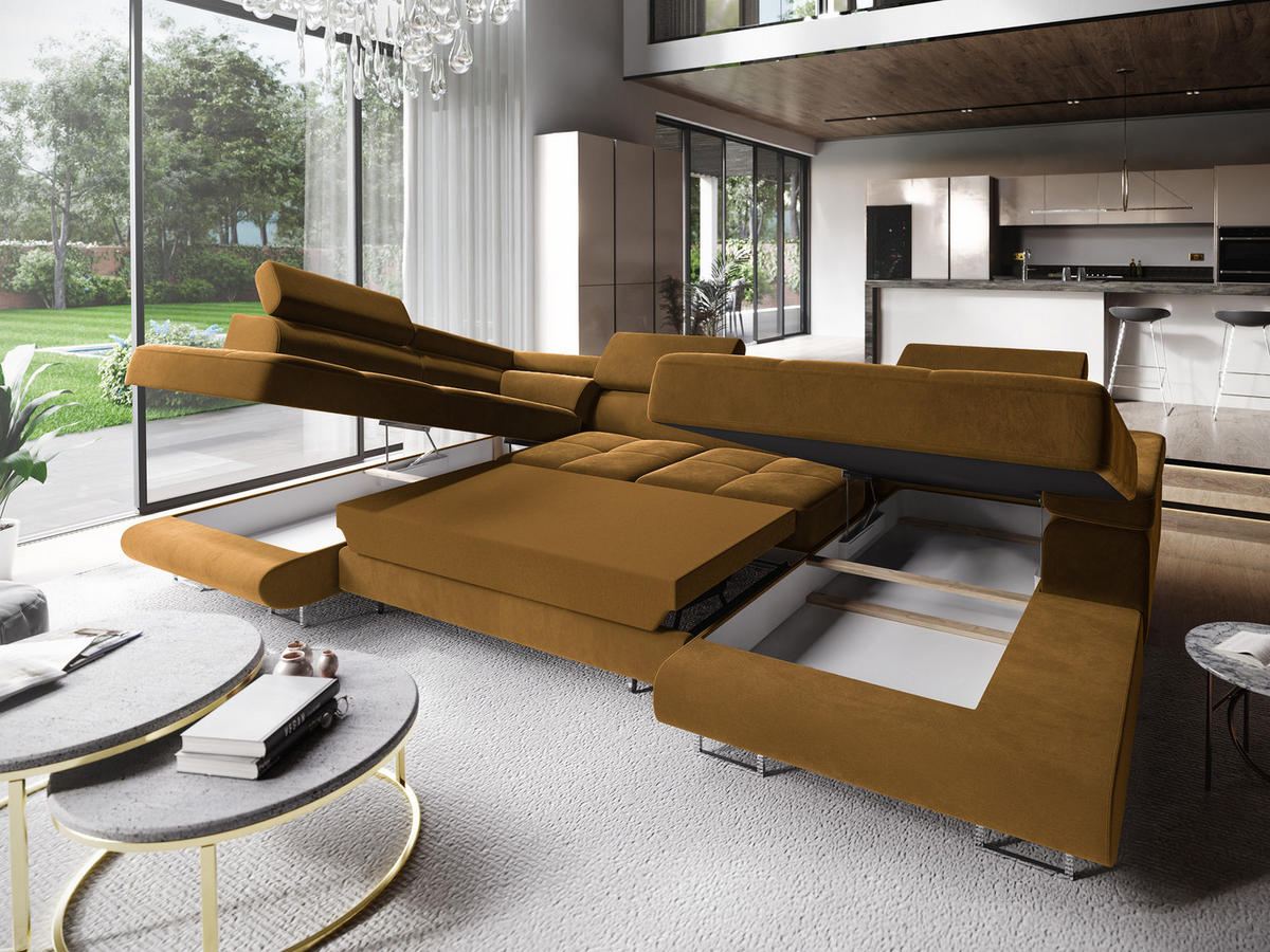 WOHNLANDSCHAFT CASONE L-S Gelb Velours-Stoff mit Schlaffunktion - Gelb, Holz (345/90/202cm) - MASSENO