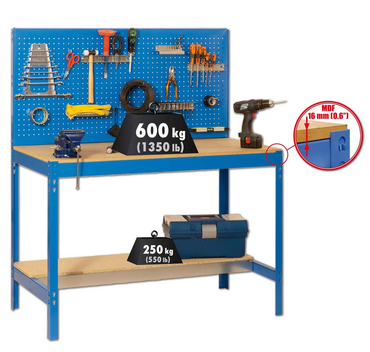 WERKBANK BUFFALO mit Werkzeugwand | HxBxT 84x120x61cm | Traglast 600kg | Blau - Blau, Metall (120/84/61cm) - PROREGAL