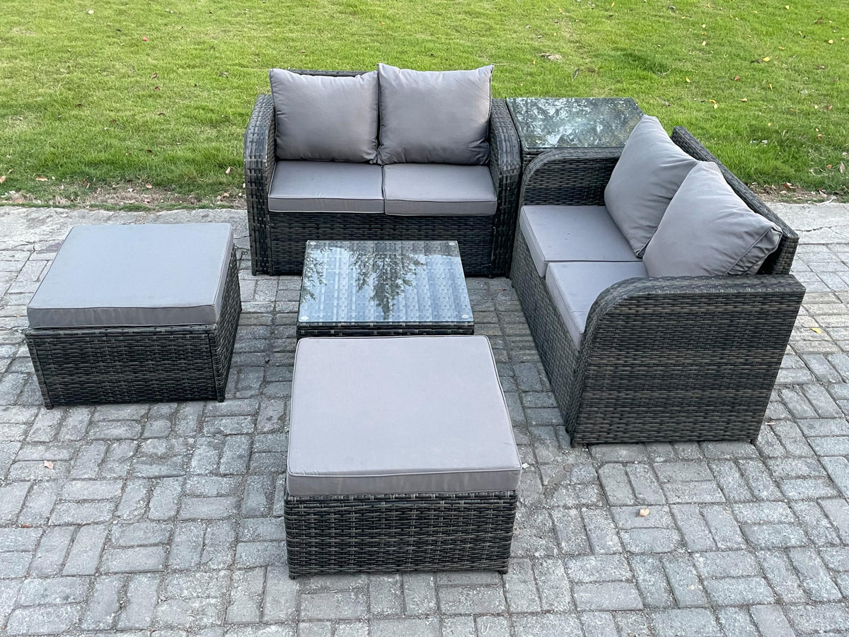 GARTENMÖBEL SET mit COUCHTISCH Polyrattan Dunkelgrau 6-Sitzer - Dunkelgrau/Grau, Glas/Kunststoff - Fimous