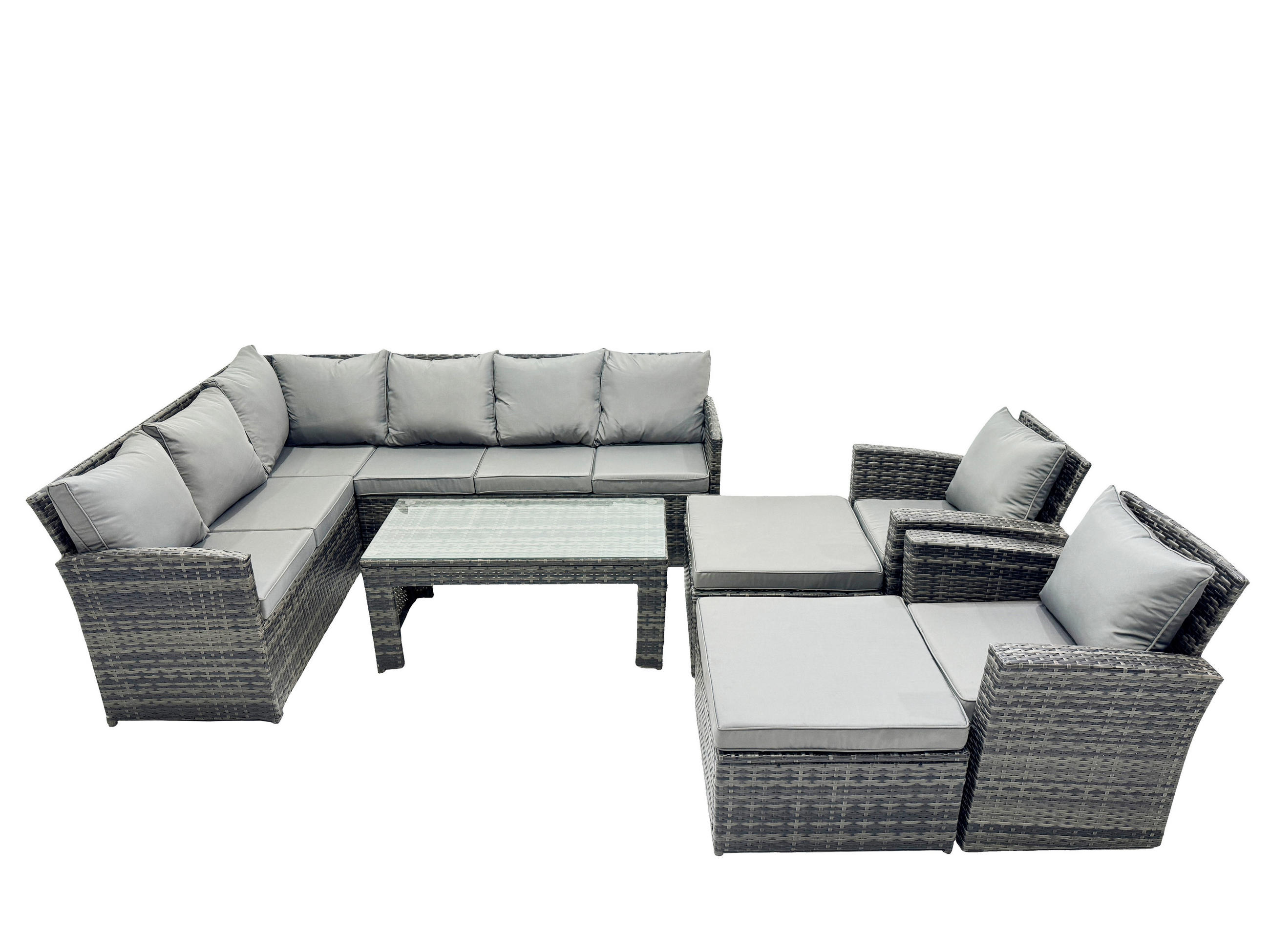 SITZGRUPPE mit Ecksofa,Länglicher Couchtisch ,2 Hockern,2 Stühle Polyrattan 10-Sitzer - Dunkelgrau/Grau, Glas/Kunststoff - Fimous