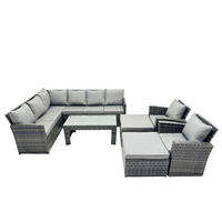 SITZGRUPPE mit Ecksofa,Länglicher Couchtisch ,2 Hockern,2 Stühle Polyrattan 10-Sitzer - Dunkelgrau/Grau, Glas/Kunststoff - Fimous