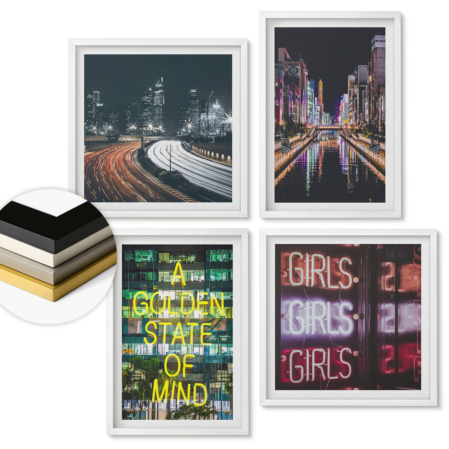 WANDBILDER 4er-Set - 50x50 cm & 40x60 cm Weißer Rahmen - Neonreklamen in der Stadt bei Nacht - Weiß, Kunststoff (50/50cm) - ArtPrintCave