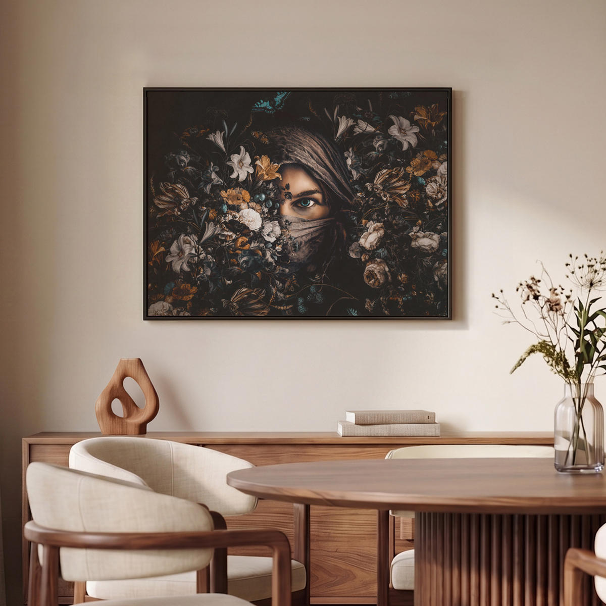 LEINWAND Bilder mit Rahmen - Frau - Luxus - Blumen - Schmetterling - Porträt - 70x50 - Schwarz, Textil (70/50cm) - MuchoWow