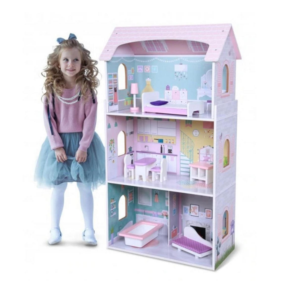 PUPPENHAUS Anna 4121 rosa Holz, 8-teiliges Möbelset, 3 Etagen, 4 Zimmer, Badewanne, Bett - Rosa, Holz (27/95/52cm) - Moni