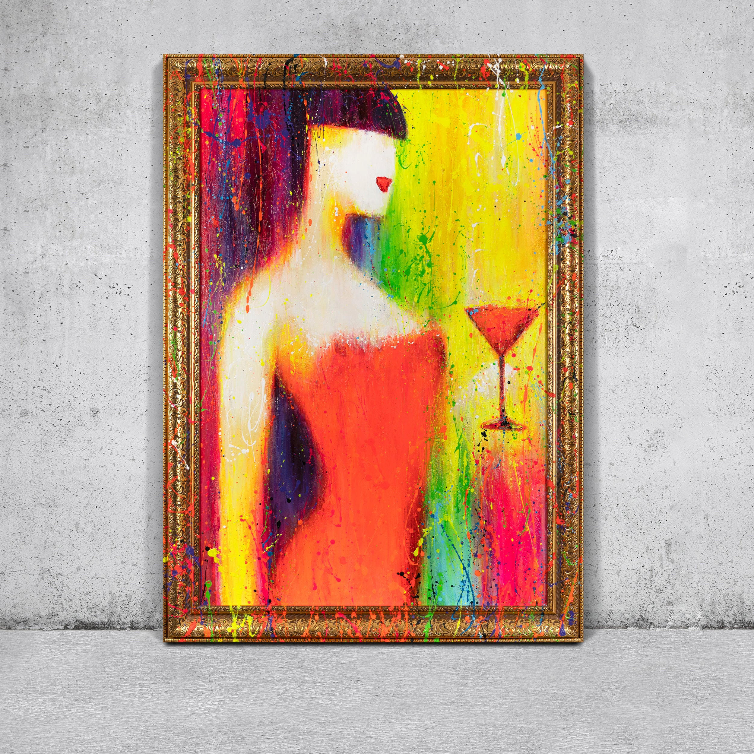 GEMÄLDE Dame mit einem Glas Schattenfugenrahmen Gold 120x80 cm - Goldfarben, Holz (120/80cm) - YS-art gallery