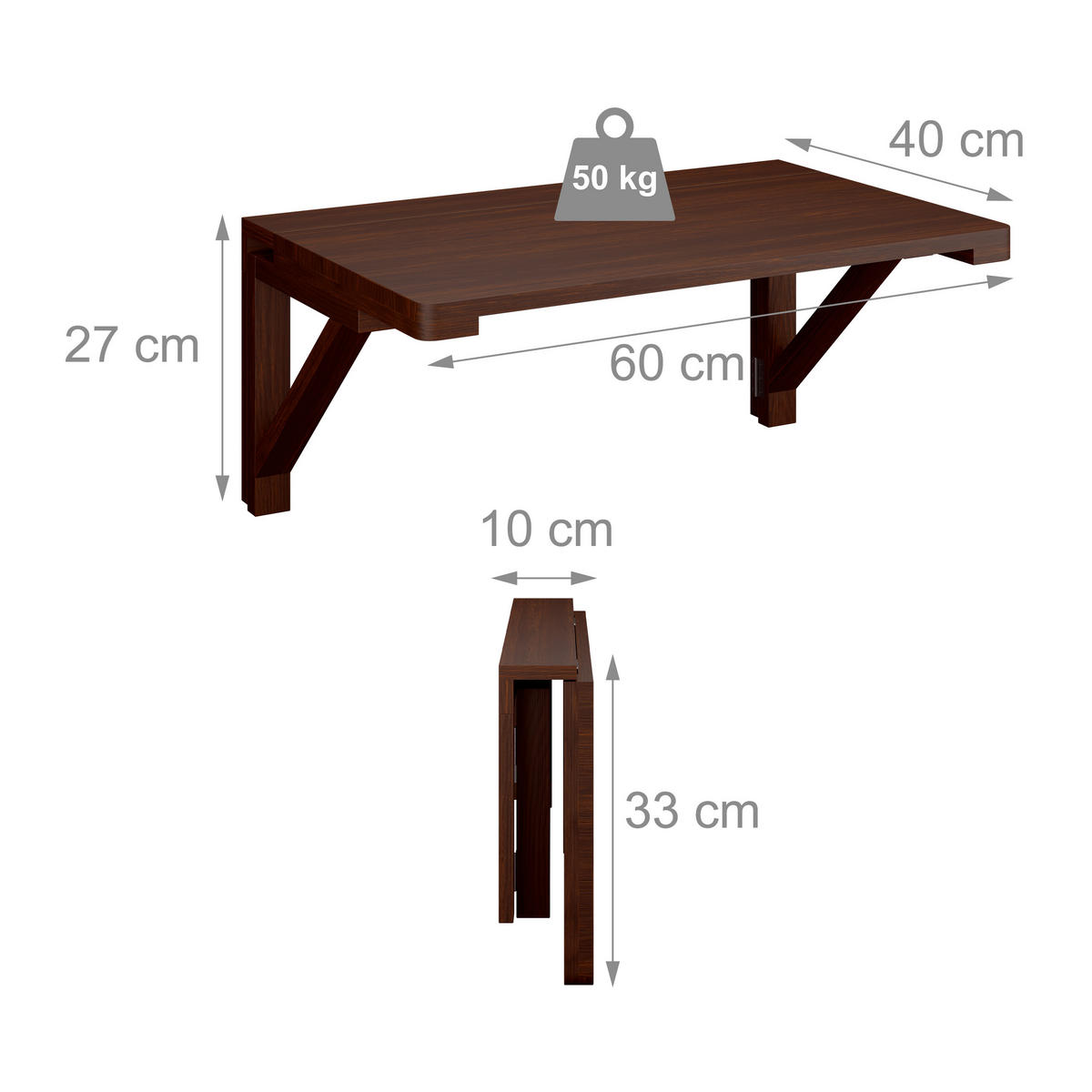 WAND-KLAPPTISCH - Dunkelbraun, Holz (40/60/27cm) - Relaxdays