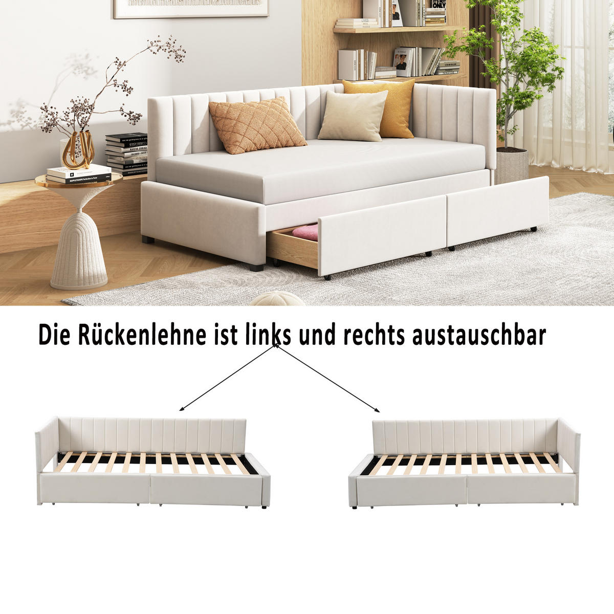 POLSTERBETT 90/200 cm in Beige Samt mit 2 Schubladen - Beige, Holzwerkstoff/Textil (90/200cm) - WISHDOR