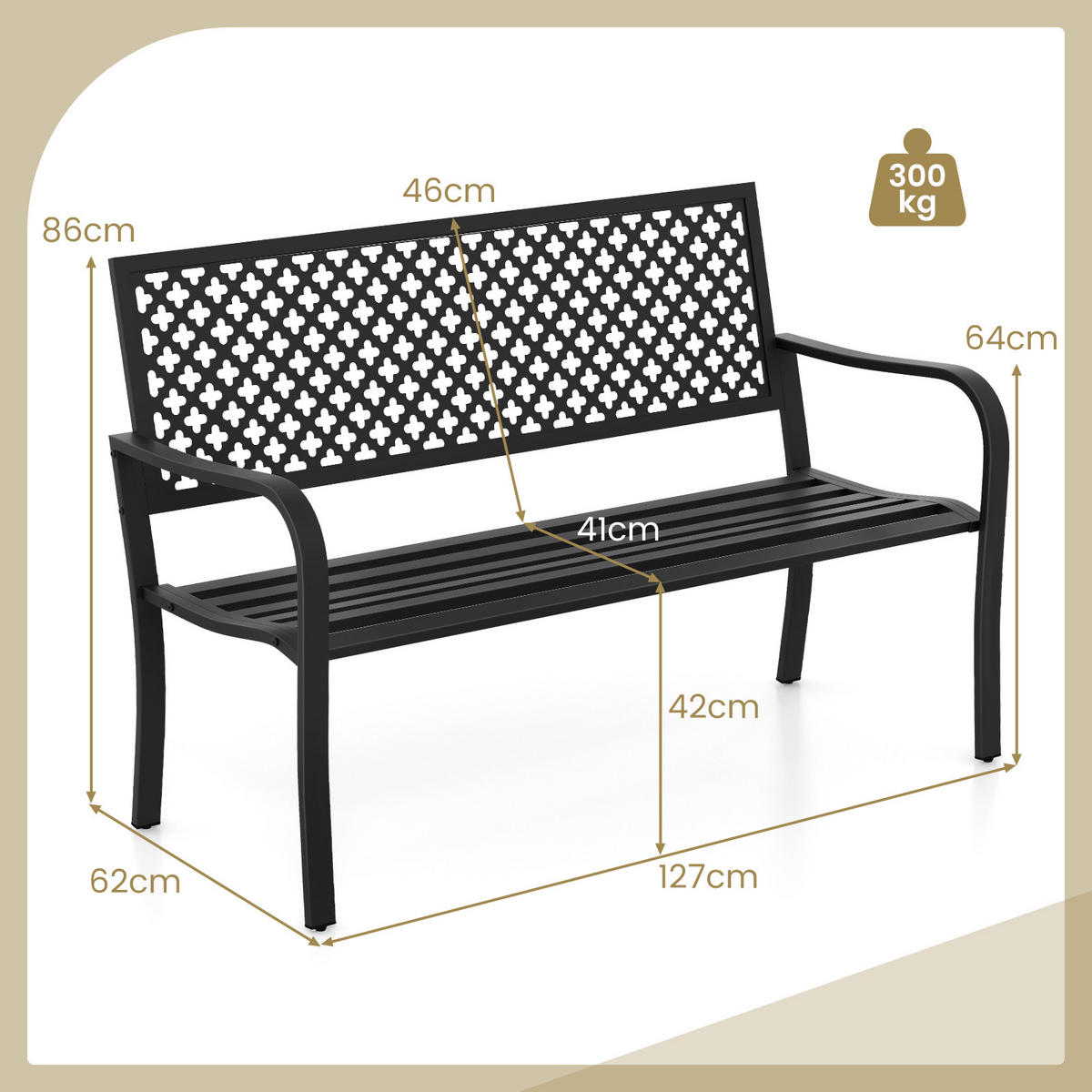 ZÁHRADNÍ LAVIČKA černá - černá, kov (62/86/127cm) - COSTWAY