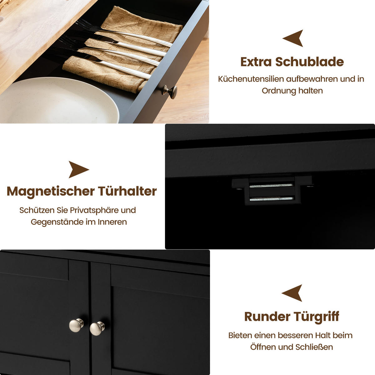 KÜCHENWAGEN Schwarz - Schwarz, Holz (67/37/87cm) - COSTWAY