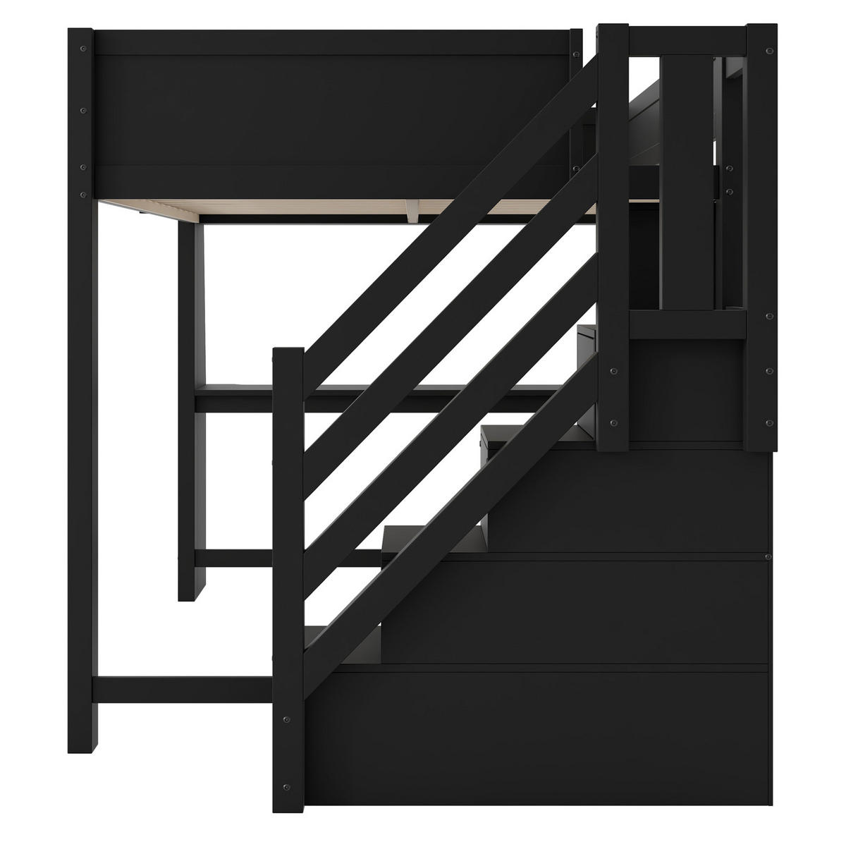 HOCHBETT 140x200 cm in Schwarz mit Schreibtisch, LED-Beleuchtung und Stauraumtreppe - Schwarz, Holzwerkstoff (140/200cm) - IVMEU