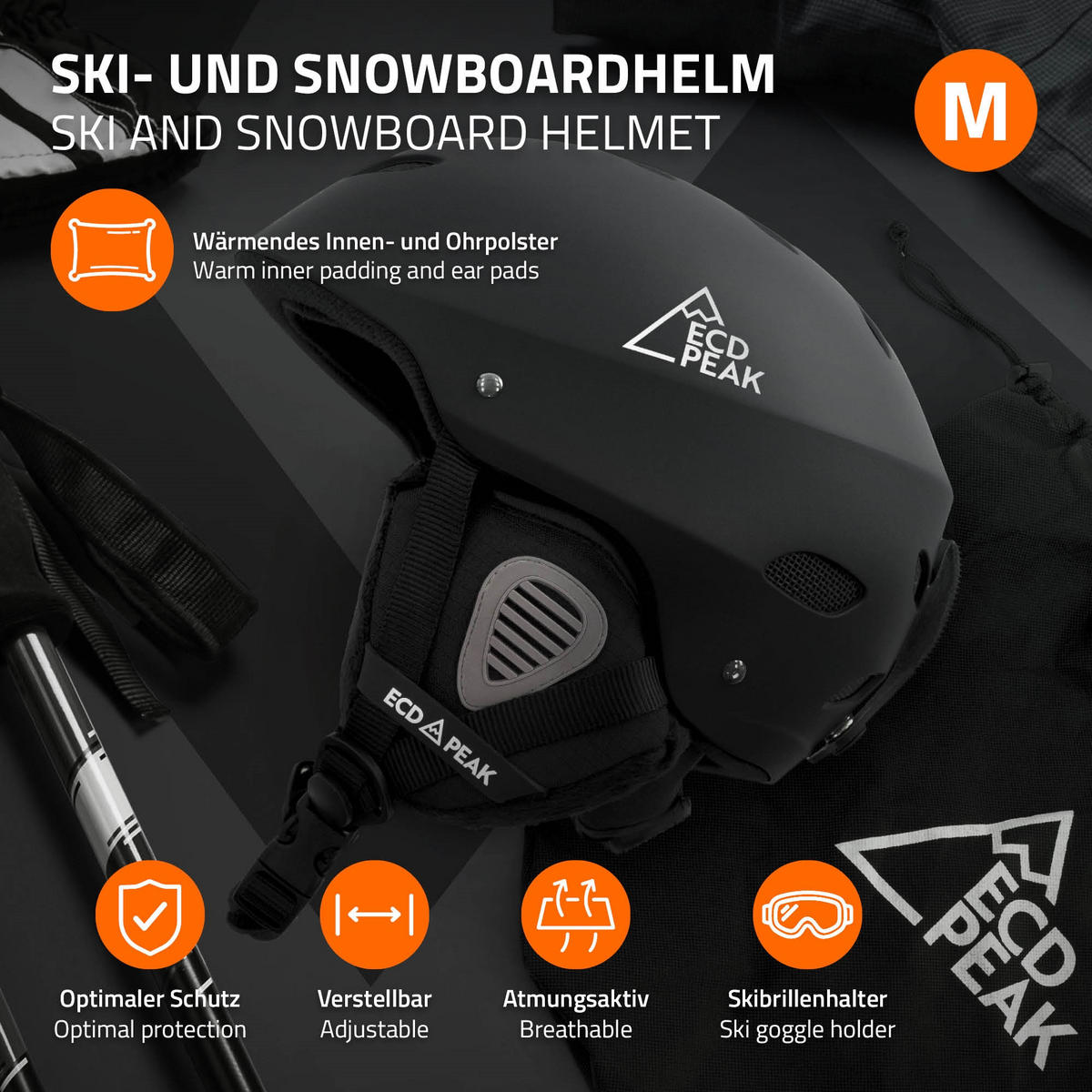 SKIHELM für Herren und Damen Snowboardhelm robust Schwarz M 55-58 cm - Schwarz, Kunststoff (29/23cm) - ECD-Germany