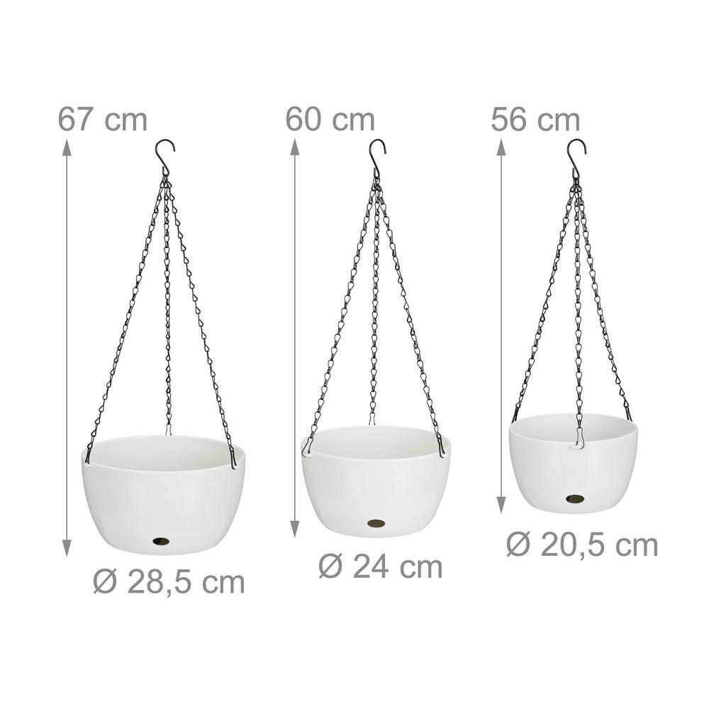 Thumbnail - Relaxdays 3-Tlg.blumenampel-Set, Weiß, Kunststoff, Metall, 67 cm, Dekoration, Blumen & Zubehör, Übertöpfe
