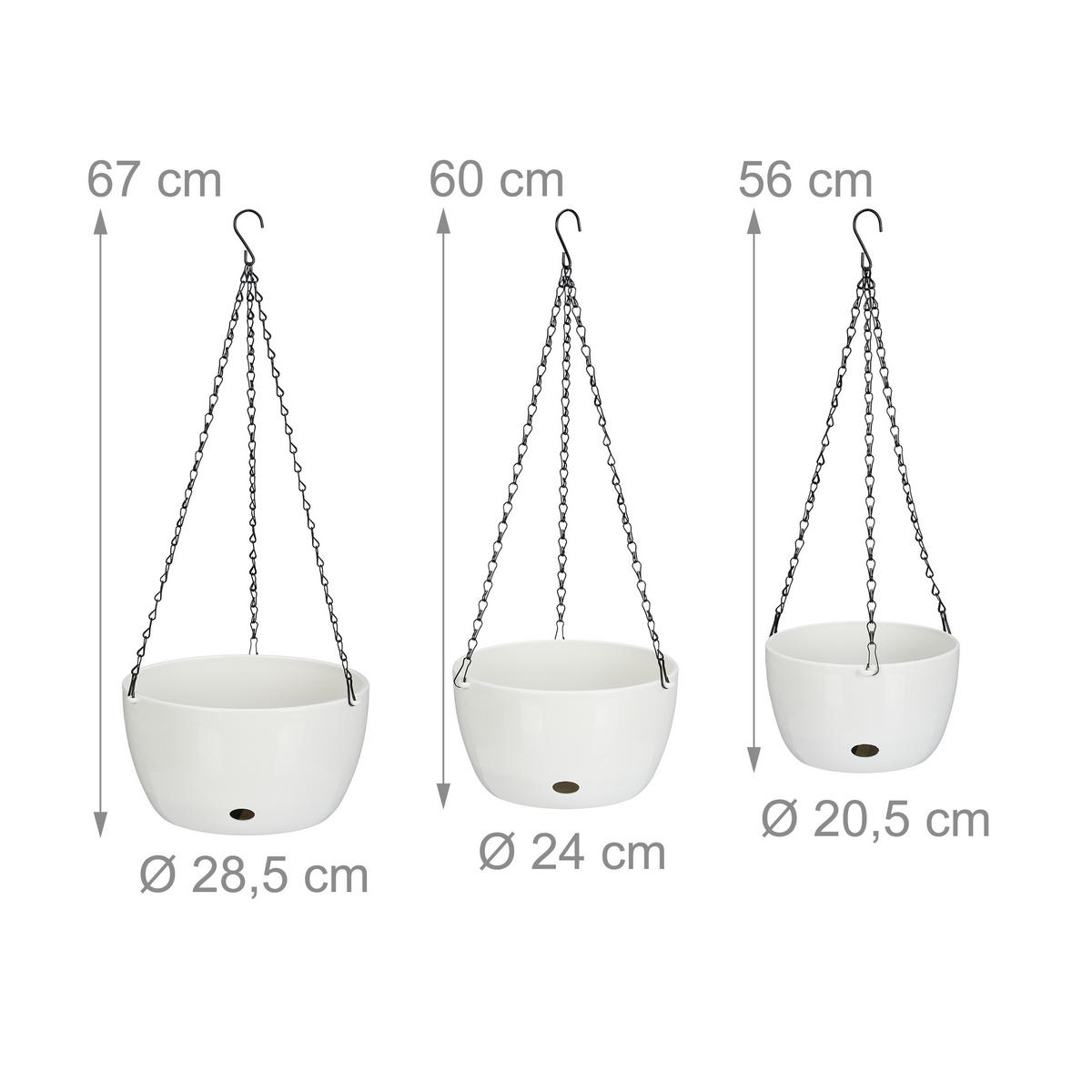 3-TLG.BLUMENAMPEL-SET - Weiß, Kunststoff/Metall (67cm) - Relaxdays