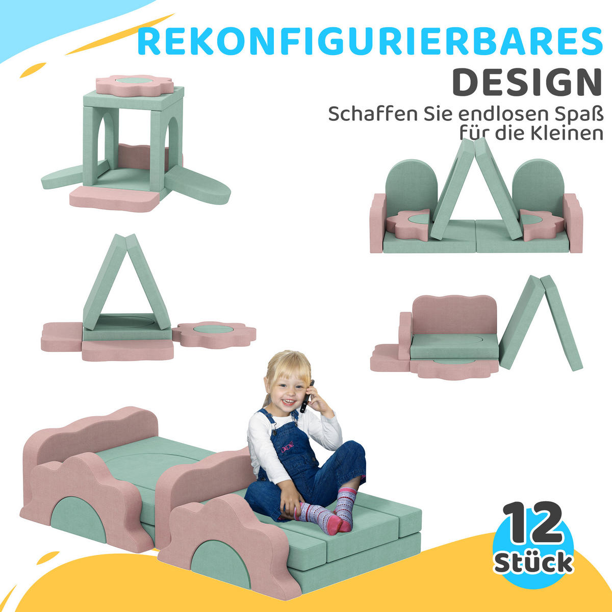 SCHAUMSTOFF Bausteine Kinder 12 Stück Klettern Softbausteine mit Bällebad Grün - Grün, Textil (75/75cm) - AIYAPLAY