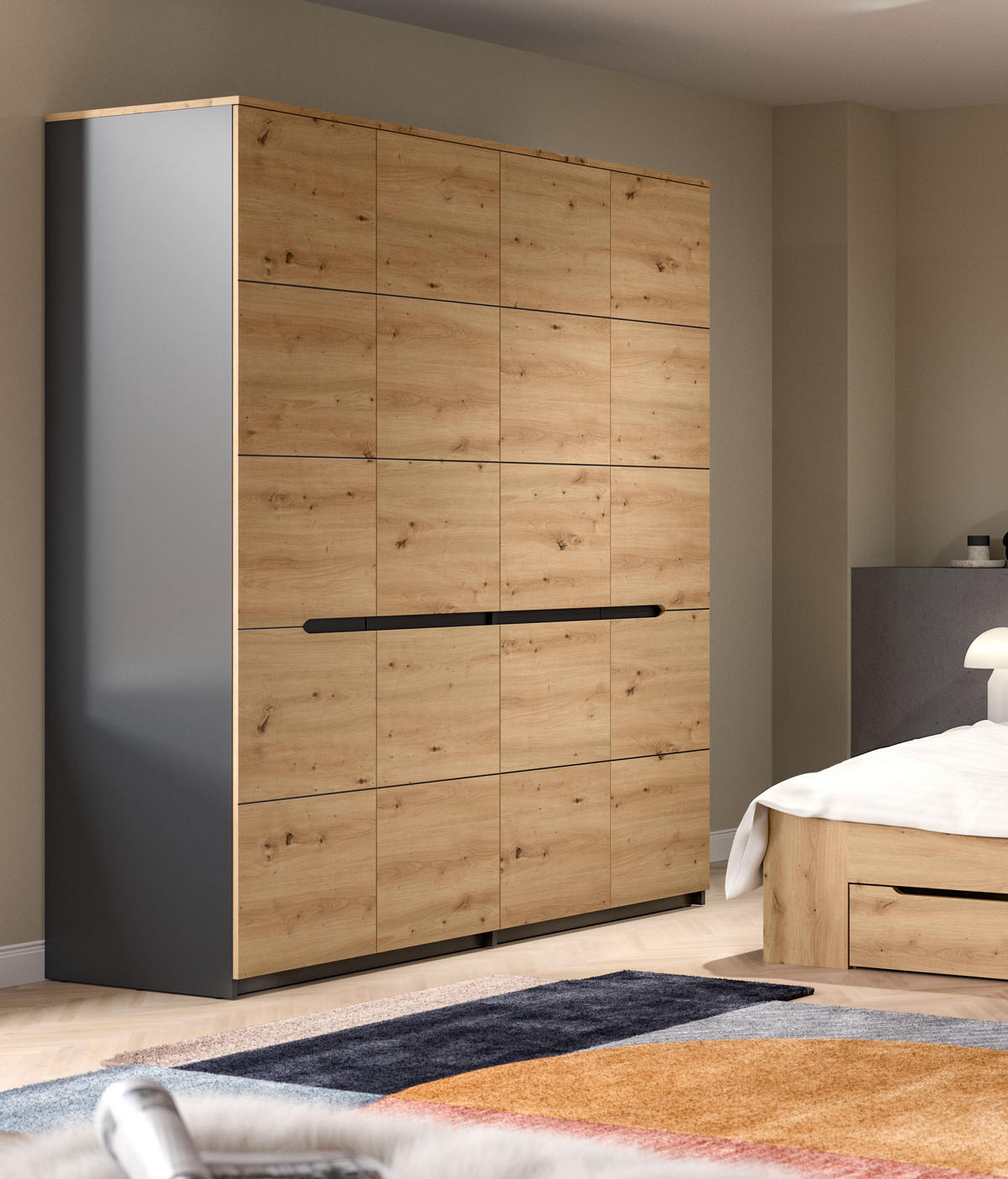 KLEIDERSCHRANK Sova 4-türig – Moderner Schrank in Eiche-Optik & Schwarz mit Stauraum - Eiche Artisan/Grau, Holzwerkstoff (180/198/59cm)