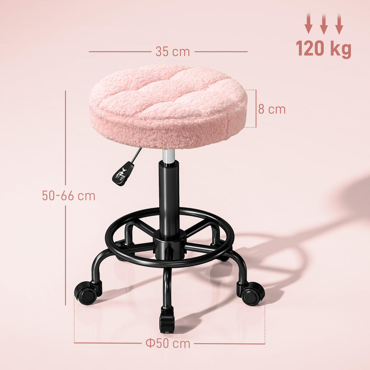 ROLLHOCKER Höhenverstellbar Rosa 50.0/50.0/66.0 cm - Rosa, Textil (50/66/50cm)