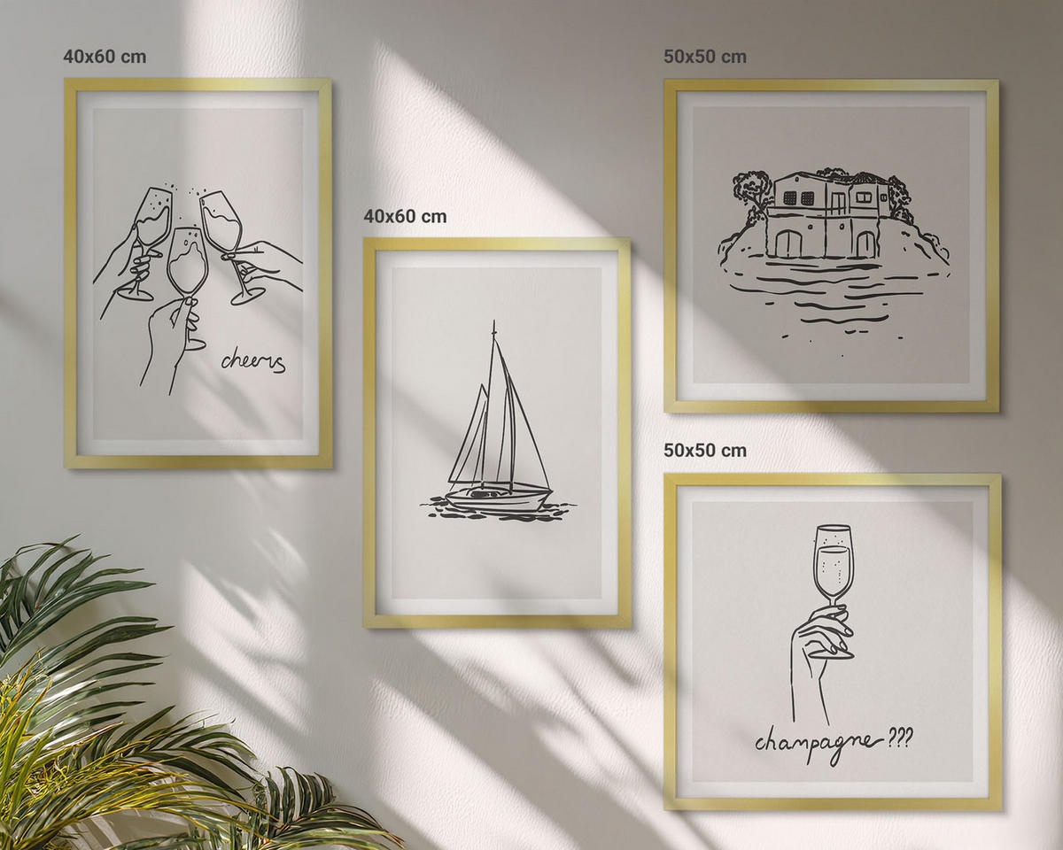 WANDBILDER 4er Set - 50x50 cm & 40x60 cm Goldrahmen - Haus am Wasser, Toastsegelboot - Goldfarben, Kunststoff (50/50cm) - ArtPrintCave