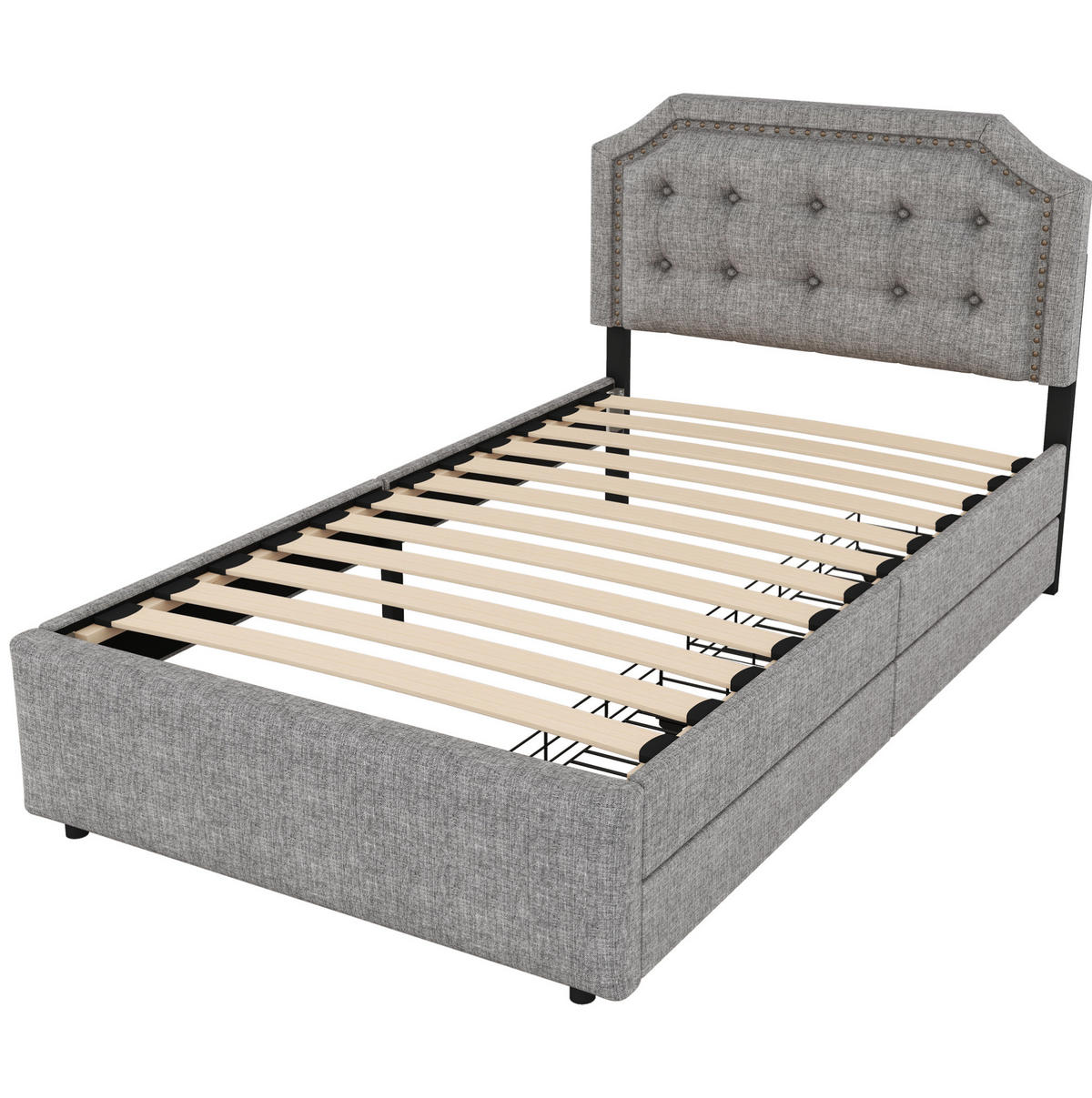 POLSTERBETT aus MDF und Leinen 90x200 cm Grau mit Schubladen und höhenverstellbarem Kopfteil - Grau, Textil (90/200cm) - IVMEU