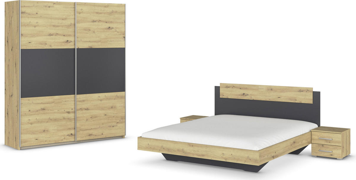 SCHLAFZIMMER Borba in Eiche und Grau 4 teilig – mit Bettanlage 160x200cm, zwei Nachttisch und Schwebetürenschrank 175cm Breite - Braun, Holzwerkstoff (80/200/120cm)