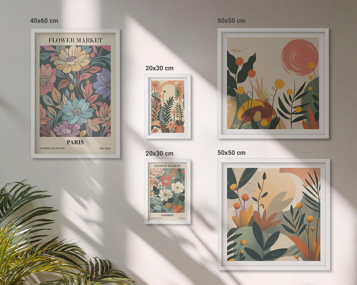 BILDER SET 5er Set - 50x50 cm & 20x30 cm & 40x60 cm Weißer Rahmen - Blumenposter Weinstadt - Weiß, Kunststoff (40/60cm) - TULUP