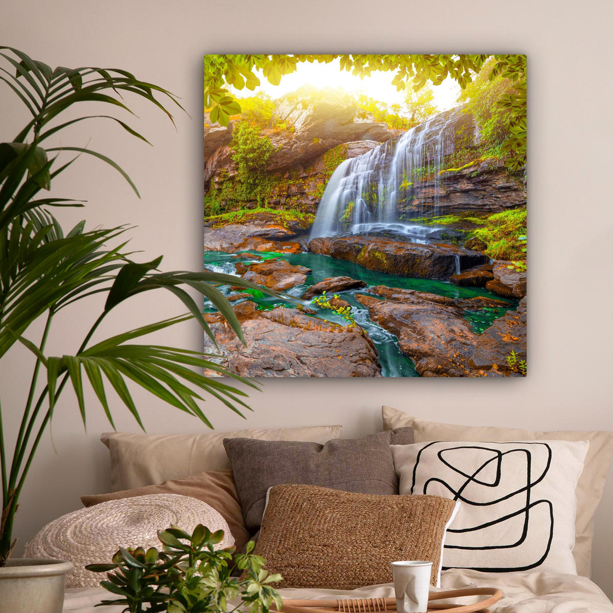LEINWANDBILD Natur - Wasserfall - Pflanzen - Bäume - Sonne 90x90 cm - Olivgrün, Textil (90/90cm) - MuchoWow