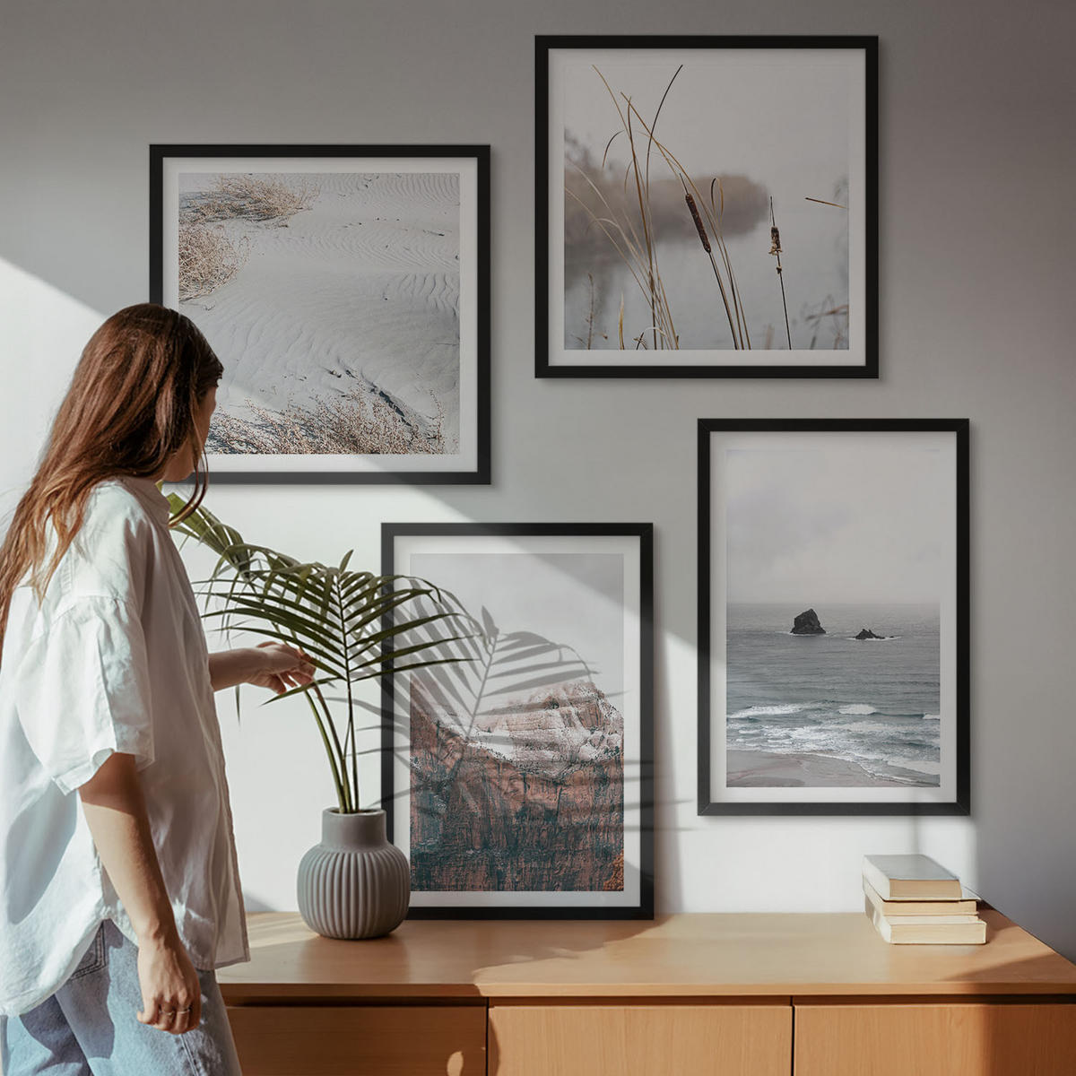 BILDER SET 4er Set - 50x50 cm & 40x60 cm Schwarzer Rahmen - Abstrakte Wellen, graue Pastellfarben - Schwarz, Kunststoff (50/50cm) - TULUP