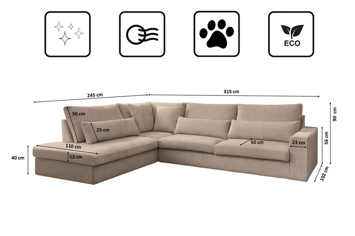 ECKSOFA L-Form SVEN Stoff Poso Dunkelbeige Links - Beige, Textil (315/245cm) - Kaiser Möbel