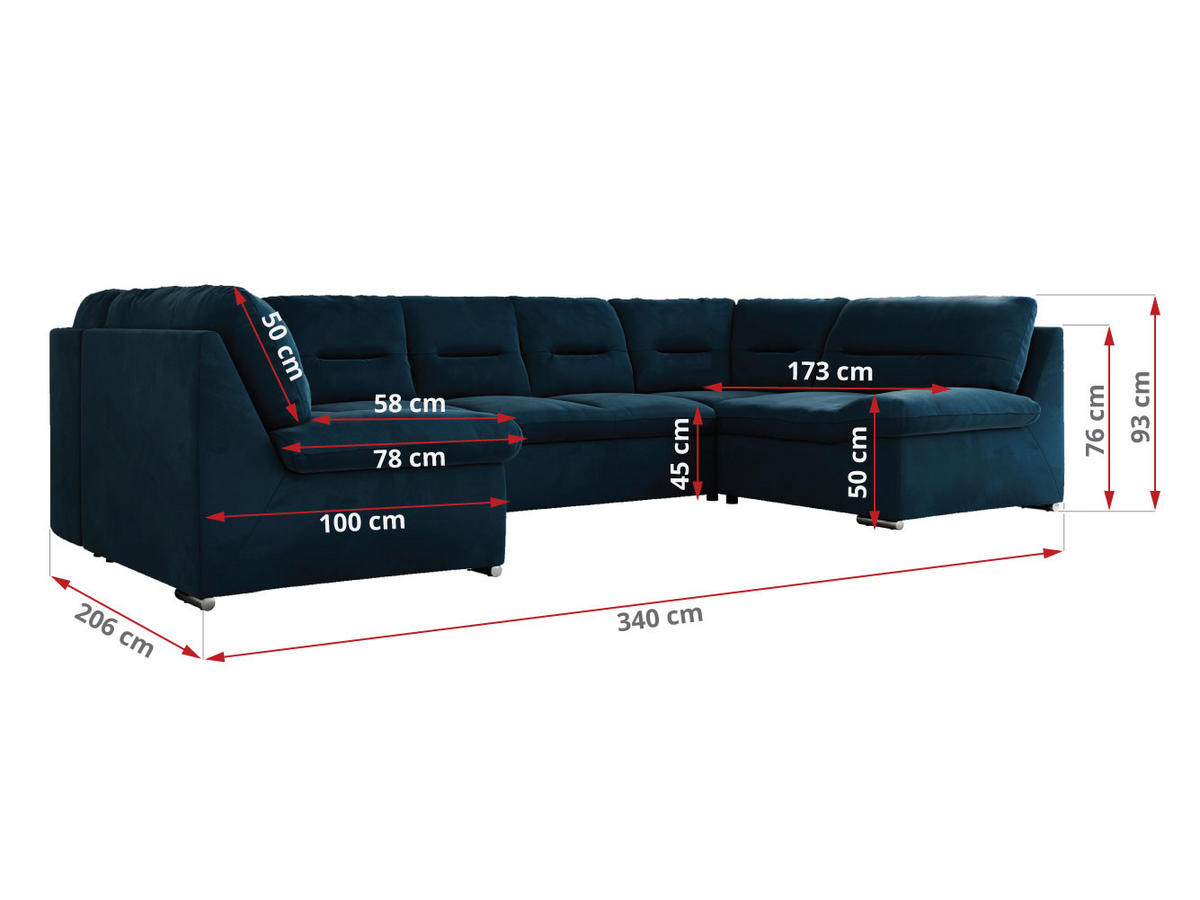 WOHNLANDSCHAFT COMODO U Dunkelblau Velvet - Silberfarben/Dunkelblau, Textil/Metall (340/93/206cm) - MKS