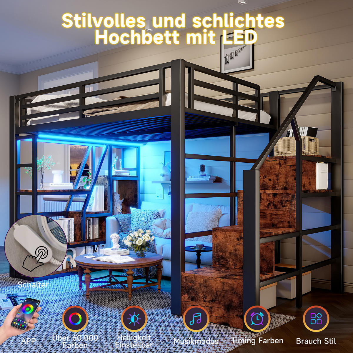 HOCHBETT 140/200 cm mit LED-Lichtleiste, Stauraumstufen, Regalfächern und Schutzgeländer aus Metall und MDF, Schwarz - Schwarz, Holzwerkstoff (140/200cm) - Redom