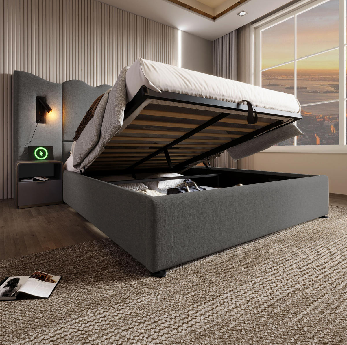 POLSTERBETT mit Stauraum 160x200 cm Leinen Grau USB & Leselampe - Grau, Metall (160/200cm) - Meubliv