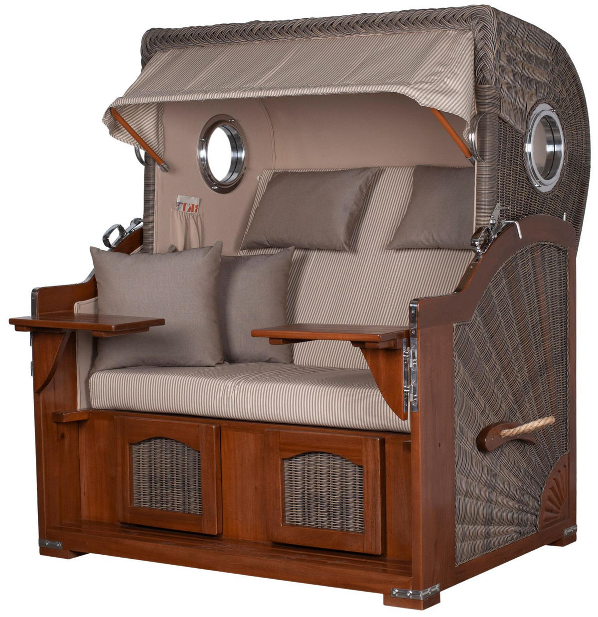 STRANDKORB Komplettset: Ammersee Grande XL Mahagoni Bullauge - PE grau - Modell 510 - Beige/Braun, Holz/Kunststoff (142/165/95cm) - bene living