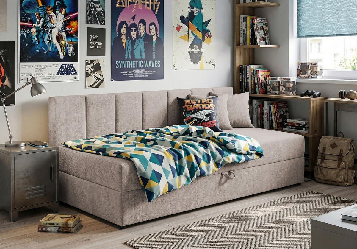 TAGESBETT Lenny mit Rückenlehne und großem Bettkasten aus Taupe Chenille-Stoff - Taupe/Schwarz, Holz/Kunststoff (90/200cm) - S-Style Möbel