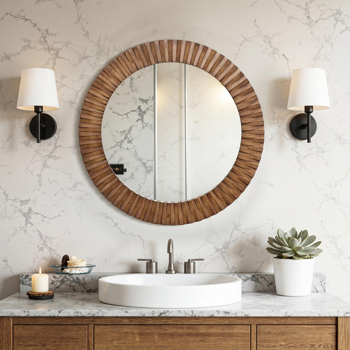 SPIEGEL rund Ø 74 cm mit Eichenholzrahmen - Alteiche, Glas/Holz (74/3.5/74cm) - Hometopia