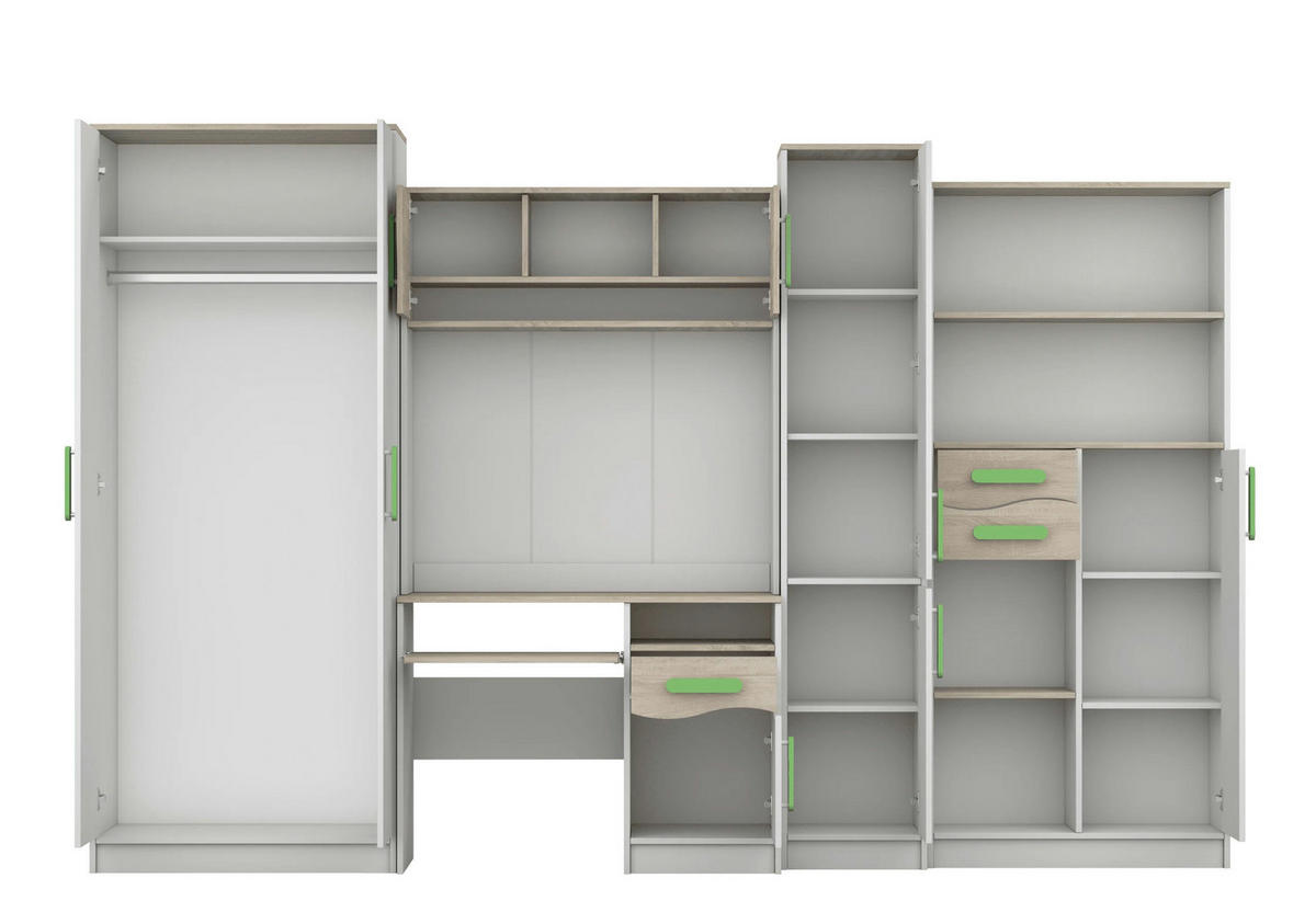 JUGENDZIMMER Wohnwand Colorino in Weiß und Eiche Sonoma – mit Limettenfarbenen Griffen 5 teilig - Kinderzimmer Komplett - Weiß, Holzwerkstoff (80/200/120cm)
