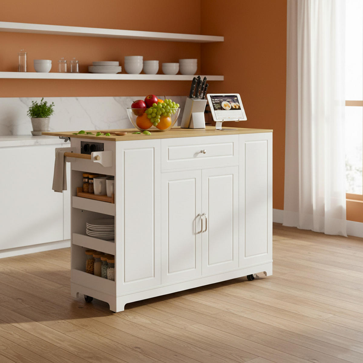 KÜCHENINSEL Mobile (132 cm) in Weiß/Natur mit Mülleimer-Auszug - Weiß, Holzwerkstoff (131.8/93.3/40cm) - Urban Meuble