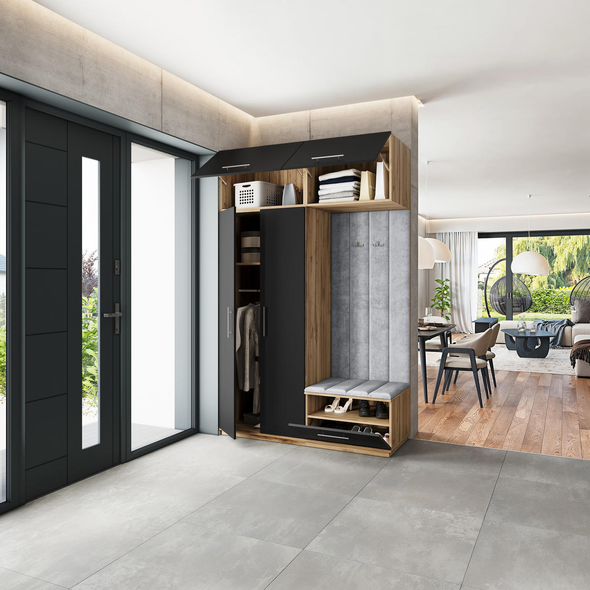 GARDEROBENSCHRANK REMA 150/240/60 cm Modern Eiche Wotan - Eiche Wotan/Schwarz, Holzwerkstoff (150/240/60cm) - MASSENO